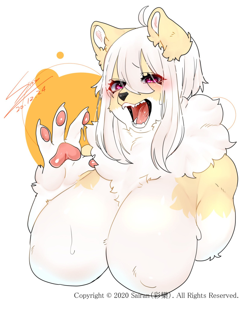 anthro busty female furry huge_breasts open_mouth pink_eyes portrait sirn solo white_background white_hair