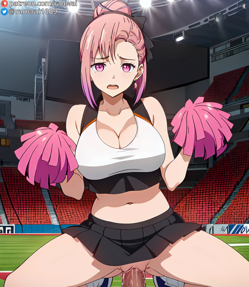 1boy 1girls ai_generated anime cheerleader cheerleader_outfit cowgirl_position female human kaguya-sama_wa_kokurasetai_~tensai-tachi_no_renai_zunousen~ koyasu_tsubame large_breasts male pink_eyes pink_hair ranwai sex stable_diffusion vaginal_penetration vaginal_sex