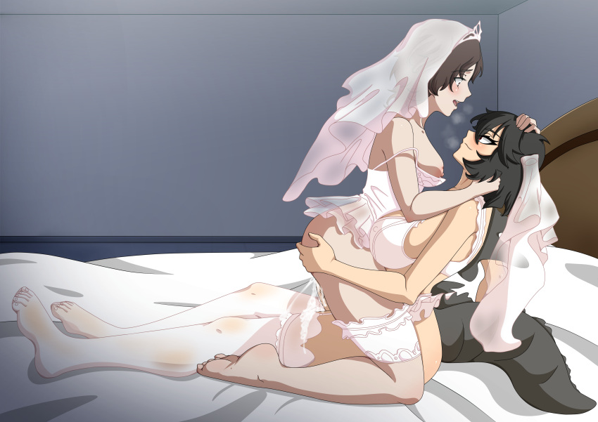 1futa 1girls bedroom big_breasts black_hair breasts bride bride_and_bride clothed clothing couple couple_(romantic) cowgirl_position cum cum_in_pussy cum_inside duo ejaculation female futa_on_female futanari godzilla_(series) godzilla_junior human kaiju_girls_(webcomic) kneeling light-skinned_female light-skinned_futanari light_skin madison_russell married_couple mostly_nude orgasm romantic_couple sex short_hair the_dark_mangaka wedding_lingerie wedding_veil wife_and_wife yuri