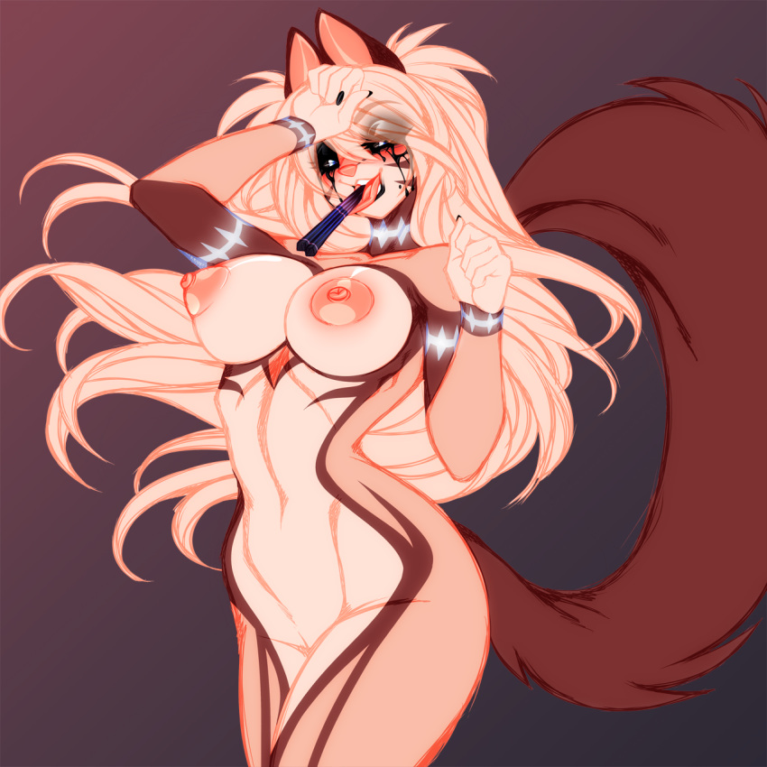 angel_kryis anthro areola blue_eyes blush breasts brown_fur crystal-for-ever felid feline female female_only fluffy fluffy_tail fur glowing multicolored_fur nipples open_mouth open_smile pink_fur pink_hair simple_background smile tail teeth tongue tongue_out white_fur