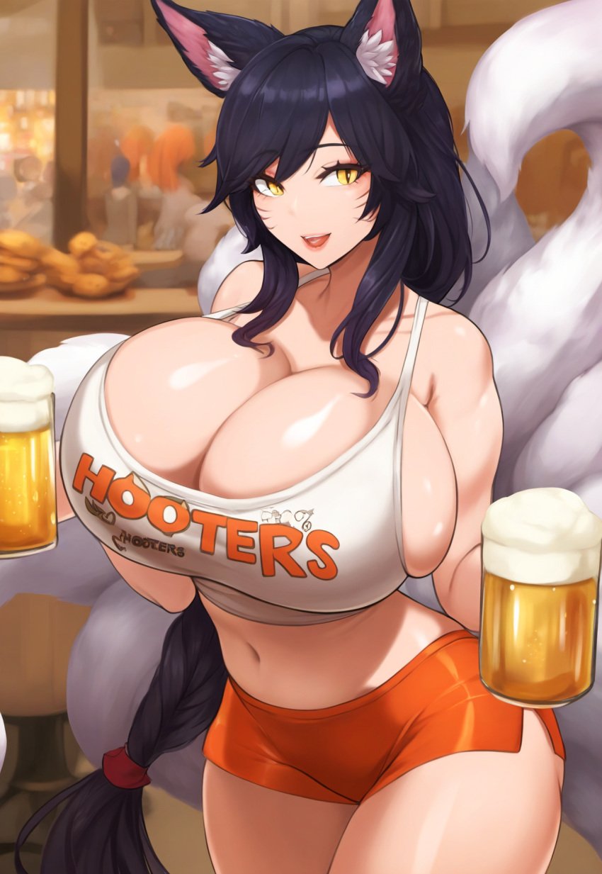 1girls ahri ai_generated alcohol beer big_breasts black_hair booty_shorts breasts cleavage curvy curvy_figure default_ahri hooters hooters_uniform huge_breasts large_breasts league_of_legends multiple_tails nai_diffusion orange_shorts restaurant riot_games sideboob solo stable_diffusion tails tank_top vastaya waitress whisker_markings yellow_eyes