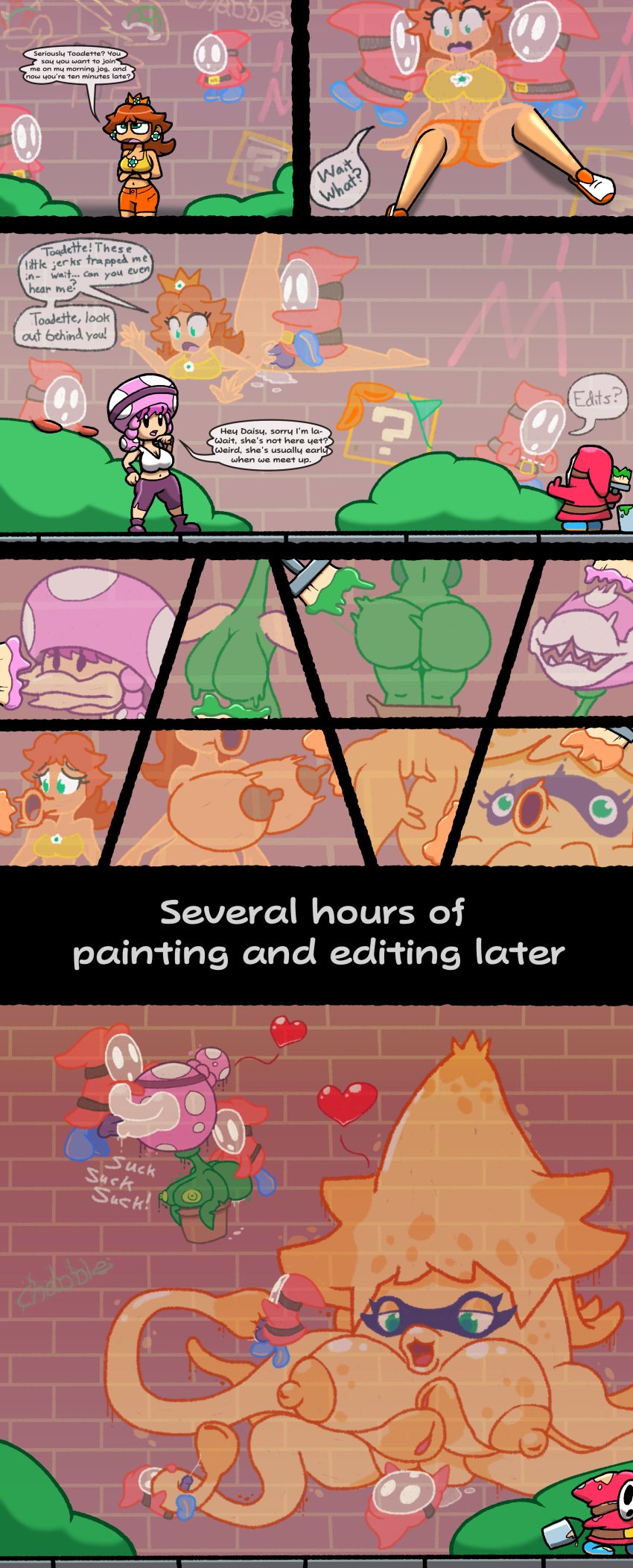 blowjob brown_hair chabble comic crown english_text flattened flattening fucked_from_behind gooper_blooper graffiti_transformation green_eyes mario_(series) paint paint_transformation paintbrush piranha_plant princess_daisy semen sex shy_guy super_mario_bros. super_mario_sunshine text toadette transformation transformation_sequence trapped trapped_in_wall