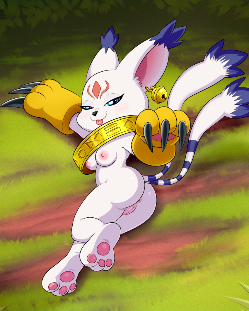 2024 anthro anus areola bandai_namco blue_eyes breasts digimon digimon_(species) female gatomon_x genitals hi_res lonbluewolf multi_tail nipples pussy solo tail tongue tongue_out