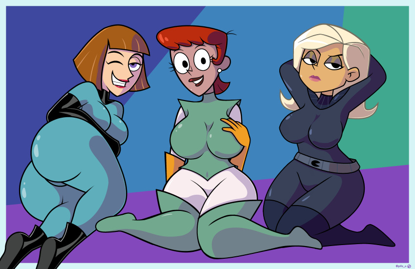 3girls agent_k ass big_breasts bodysuit breasts cartoon_network crossover danny_phantom dexter's_laboratory dexter's_mom female female_only large_breasts looking_at_viewer madeline_fenton milf multiple_girls nickelodeon pills-in-a-little-cup the_replacements thick_ass trio trio_female wide_hips