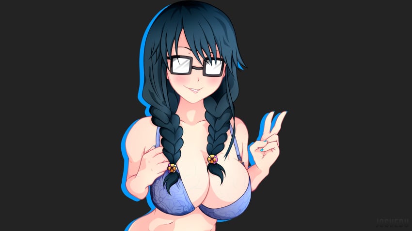 1girls big_breasts black_hair blurred_background commission discord female female_only glasses huge_breasts josuedu large_areolae large_breasts long_hair nipples ore_wo_suki_nano_wa_omae_dake_ka_yo pale_skin pansy_(oresuki) sideboob smile solo veins wallpaper