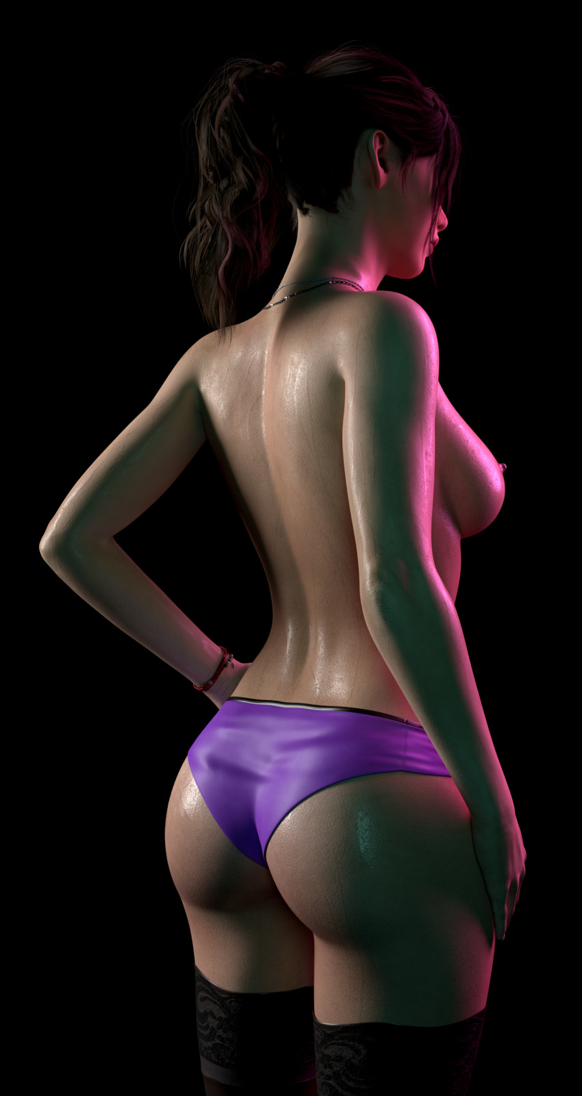 1girls 3d areolae ass big_ass breasts brown_hair capcom claire_redfield erect_nipples female female_only fgnilin long_hair nipples panties ponytail resident_evil resident_evil_2 resident_evil_2_remake solo topless wet wet_panties wet_skin