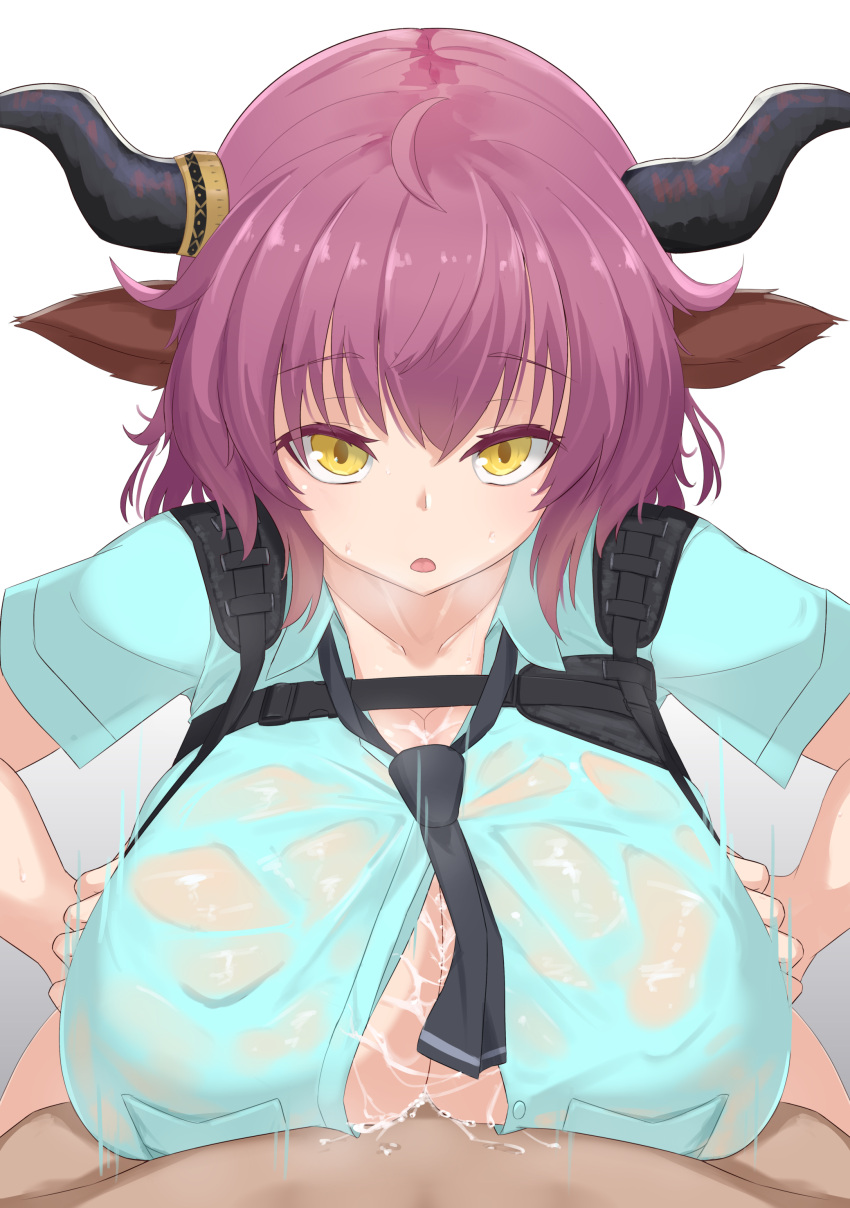 1boy absurdres alternate_breast_size animal_ears arknights big_breasts black_neckwear blue_shirt breast_hold breasts cleavage clothing collarbone cow_ears cum cum_between_breasts cum_on_body cum_on_breasts dress_shirt ejaculation_between_breasts female highres horns huge_breasts large_breasts leginfs_(ppppriver) looking_at_viewer necktie outercourse paizuri paizuri_lead_by_female purple_hair see-through shirt short_hair short_sleeves sideroca_(arknights) simple_background solo_focus straight wet wet_clothes wet_shirt white_background yellow_eyes