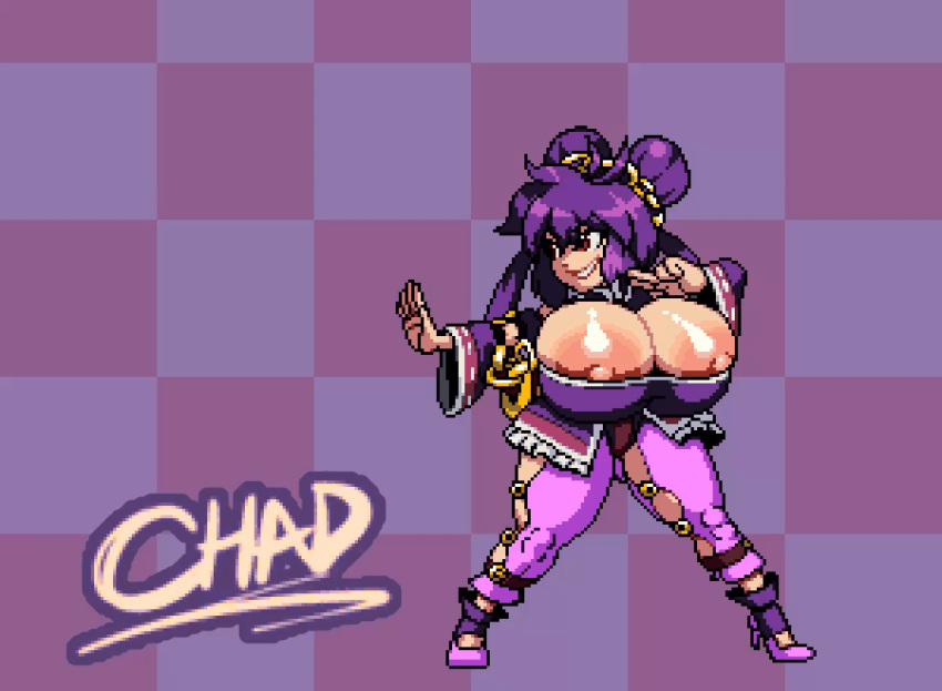 animated areolae bandanachad bare_breasts bell bouncing_breasts breast_focus breasts breasts_out_of_clothes bursting_breasts cleavage dress female female_focus female_only gif grape_(greatdragonad) grin hair_ornament high_heels huge_breasts large_areolae loop nipples no_bra original original_character pixel_art puffy_sleeves purple_dress purple_hair red_hair shoes simple_background smile solo solo_female standing thick_thighs tied_hair undersized_clothes wafuku