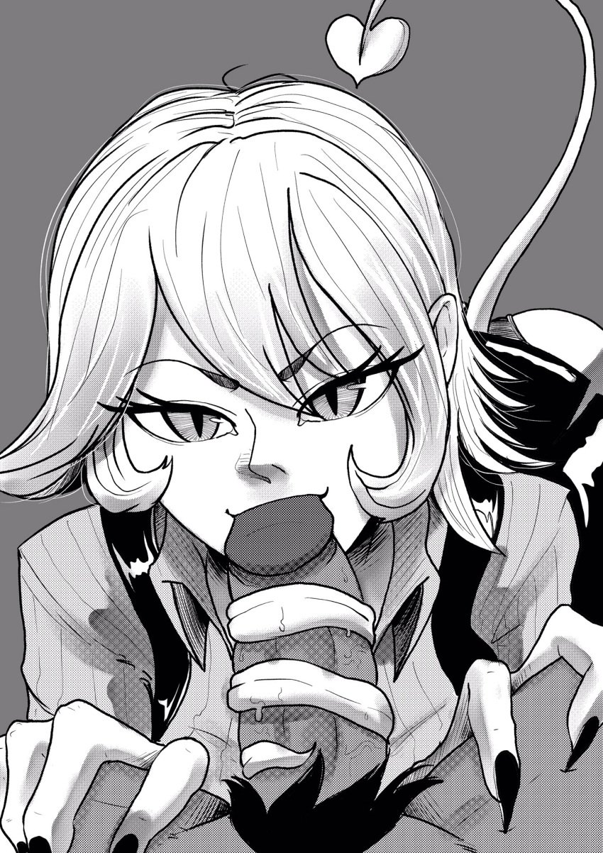 black_and_white demon_girl female long_tongue mokimolewds oral oral_sex penis sharp_nails short_hair skirt suit tail tongue_out tongue_wrap tongue_wrapped_around_penis tonguejob wrapping