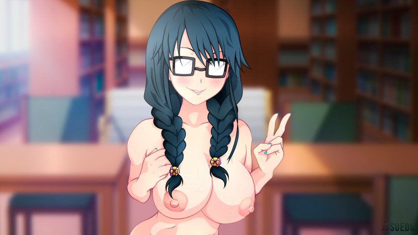 1girls big_breasts black_hair blurred_background commission discord female female_only glasses huge_breasts josuedu large_areolae large_breasts long_hair nipples ore_wo_suki_nano_wa_omae_dake_ka_yo pale_skin pansy_(oresuki) sideboob smile solo veins wallpaper