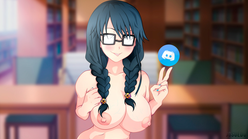 1girls big_breasts black_hair blurred_background commission discord female female_only glasses huge_breasts josuedu large_areolae large_breasts long_hair nipples ore_wo_suki_nano_wa_omae_dake_ka_yo pale_skin pansy_(oresuki) sideboob smile solo veins wallpaper