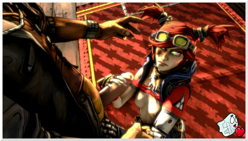 1boy 1girls 3d 3d_(artwork) borderlands borderlands_2 breasts cel_shading clothed disgusted ecto-luvr female female/male female_focus forced gaige_(borderlands) gearbox_software goggles goggles_on_head green_eyes hand_on_penis handjob handsome_jack lips looking_at_penis on_knees partially_clothed penis_grab red_hair small_breasts smaller_female source_filmmaker