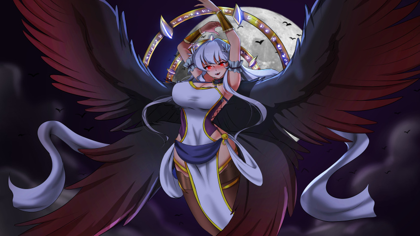 big_breasts black_wings fully_clothed knightfanghentai long_hair red_eyes stockings vampire venomoose(copyright) white_hair wings