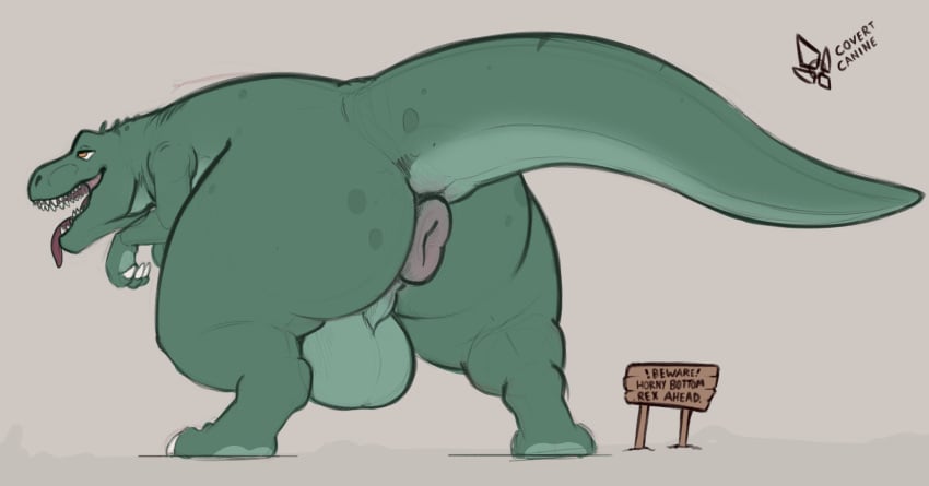 absurd_res anus ass balls big_balls big_butt claws covertcanine dinosaur feral genitals green_body hi_res looking_pleasured male perineum puffy_anus rear_view reptile scalie signpost solo theropod tongue tongue_out tyrannosaurid tyrannosaurus tyrannosaurus_rex yellow_eyes