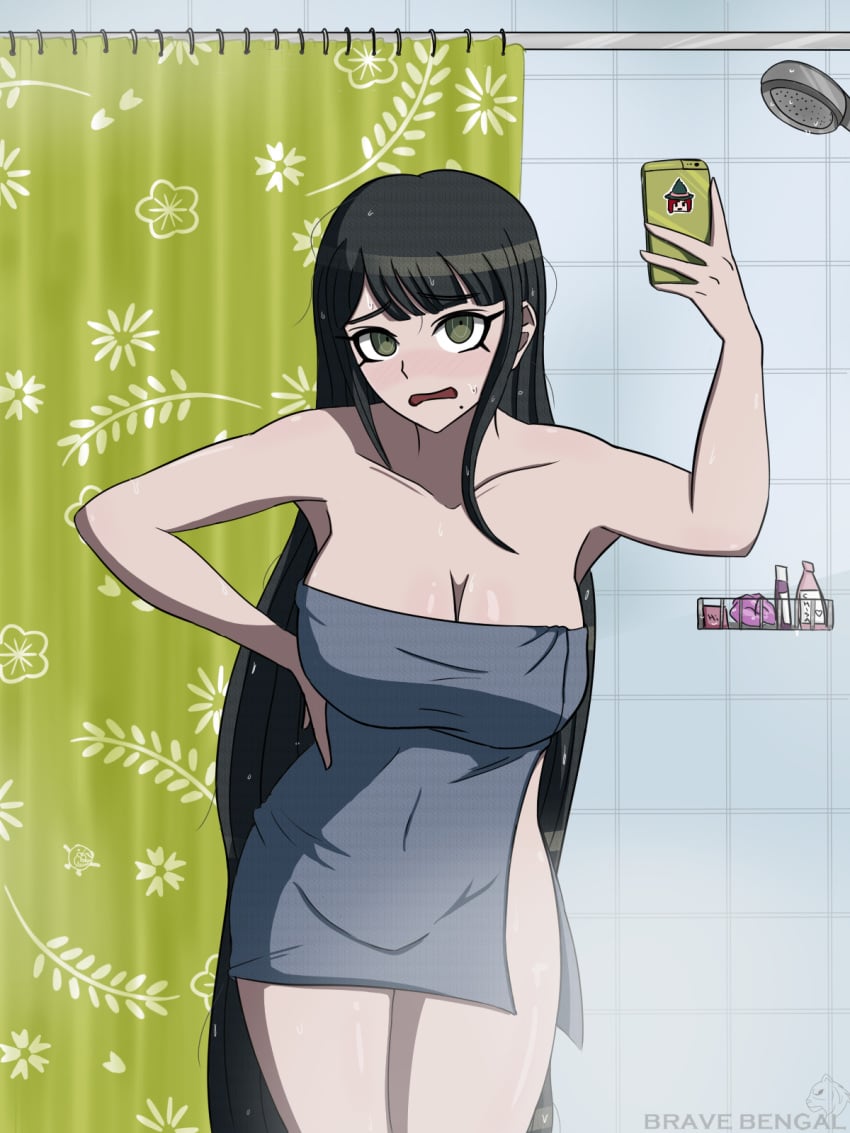 1girls alternate_breast_size bare_legs big_breasts black_hair blush bravebengal breasts busty chabashira_tenko cleavage danganronpa danganronpa_v3 embarrassed green_eyes hair_down huge_breasts large_breasts naked_towel new_danganronpa_v3 selfie shower sticker straight_hair thighs towel voluptuous voluptuous_female