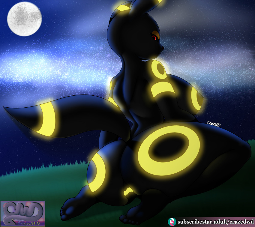 anthro ass big_breasts big_butt breasts crazedwd eeveelution female genitals hi_res kneeling looking_back night nintendo pokémon_(species) pokemon pussy solo umbreon video_games