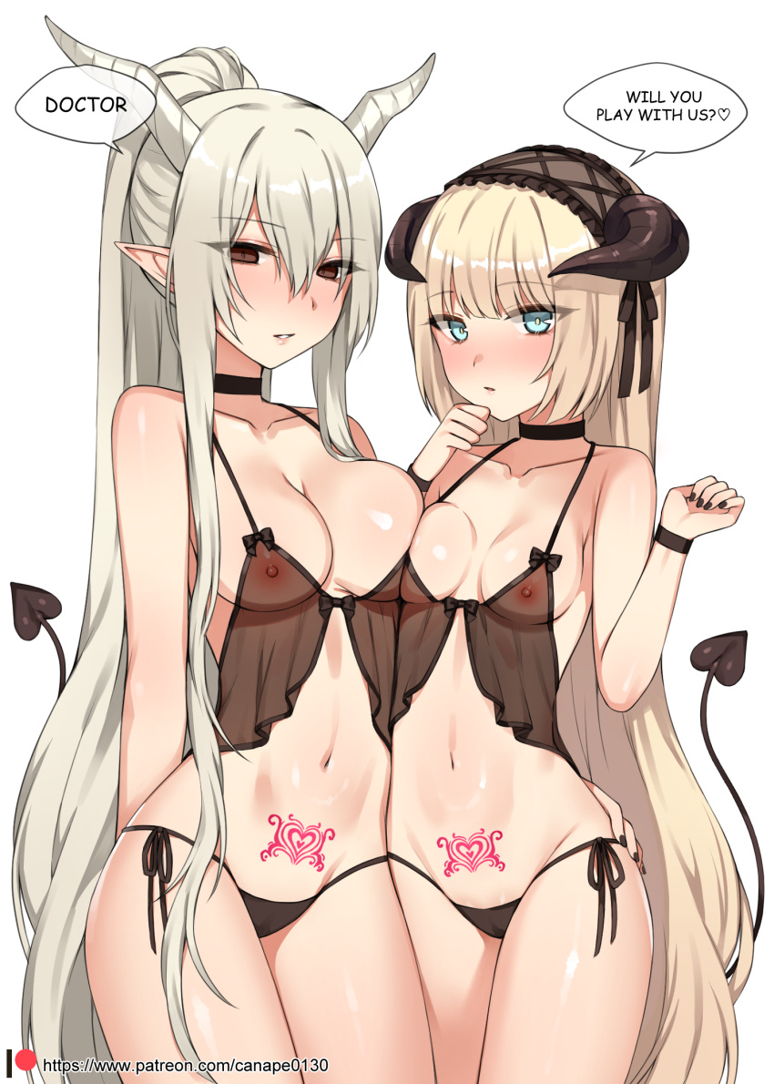 2girls areolae arknights bare_shoulders big_breasts blonde_hair blue_eyes blush breast_press breast_size_difference breasts brown_eyes canape_(canape0130) collarbone english_text hair_between_eyes hand_on_waist headwear highres horns horny long_hair looking_at_viewer medium_breasts multiple_girls nail_polish navel nightingale_(arknights) nipples nipples_visible_through_clothing panties partially_clothed pointy_ears pubic_tattoo pussy seductive see-through shining_(arknights) size_difference solo_female speech_bubble tail text very_long_hair white_hair