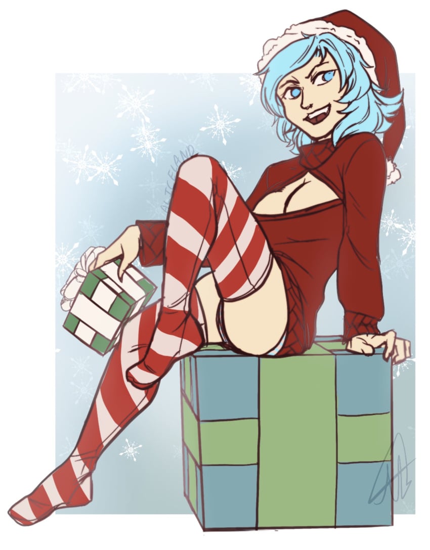 aliceland bare_ass blue_eyes blue_hair cleavage colored_sketch deva_(gwain_saga) gwain_saga present santa_costume santa_hat sketch