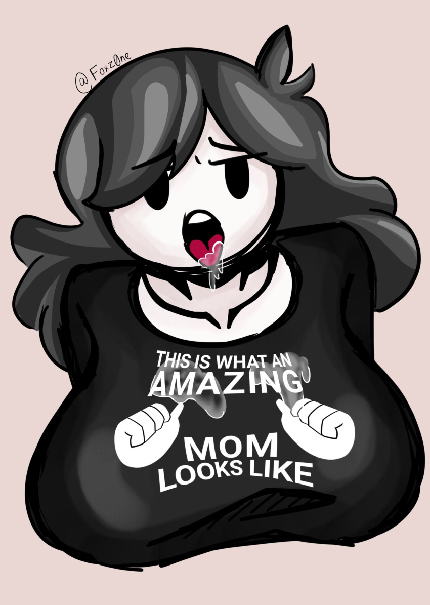 big_breasts black_hair black_skirt cum_on_clothes foxz0ne front_view jaiden_animations jaidens_mom text this_is_what_an_amazing_mom_looks_like tongue_out white_skin youtube youtuber