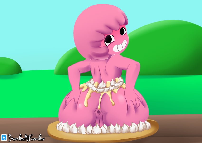 anthro ass_spread big_ass blush brocksnfumiko cake female female_only grabbing_own_ass grinning jelly_jamm pink_hair pussy rita_(jelly_jamm) smiling_at_viewer