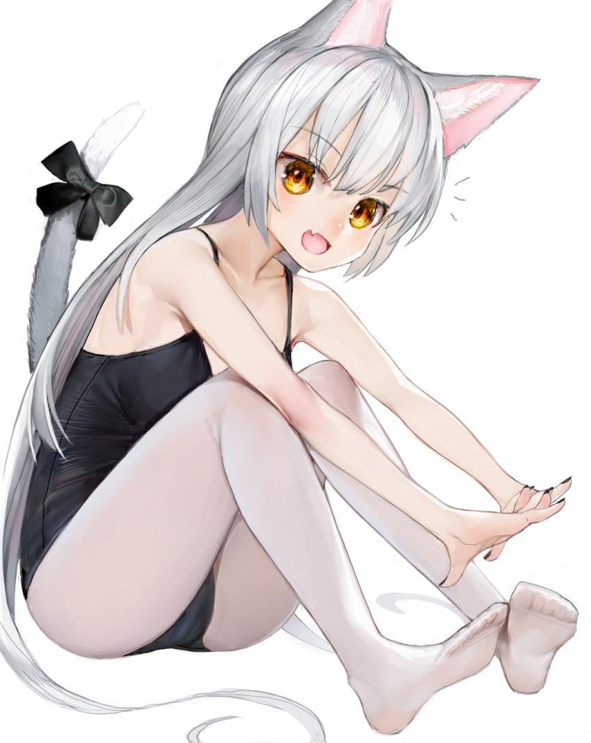 animal_ears cat_ears cat_tail highres nyatabe one-piece_swimsuit open_mouth original pantyhose pantyhose_under_swimsuit swimsuit white_hair