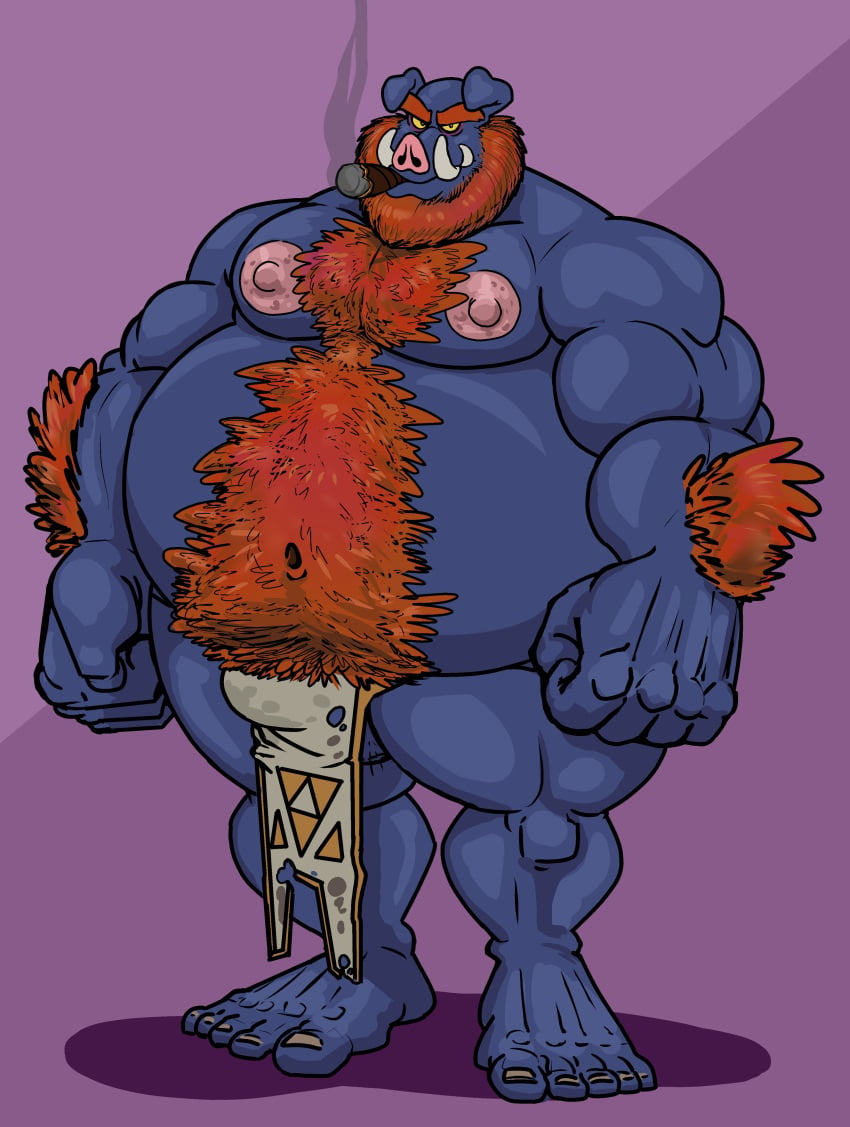 2020 5_fingers 5_toes absurd_res anothermeekone anthro arm_hair balls barefoot beard belly biceps body_hair bottomwear bulge chest_hair cigar clothing domestic_pig facial_hair feet fingers ganon genitals hairy hi_res loincloth looking_at_viewer male male_only mammal navel nintendo nipples overweight overweight_anthro overweight_male smoke smoking solo stomach_hair suid suina sus_(pig) the_legend_of_zelda toes triforce video_games yellow_sclera