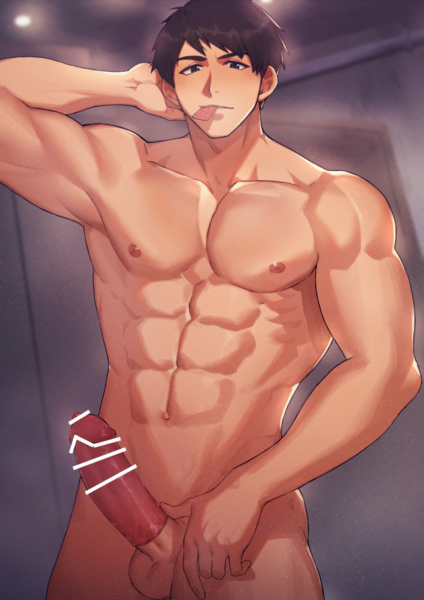 1boy abs arm_behind_head ass bar_censor bara black_hair blue_eyes censored commission completely_nude condom condom_in_mouth condom_on_penis condom_wrapper cowboy_shot erection free! highres looking_at_viewer male_focus mixivsky mouth_hold muscular muscular_male navel nipples nude pectorals penis short_hair sideburns skeb_commission solo stubble thighs veins veiny_penis yamazaki_sousuke