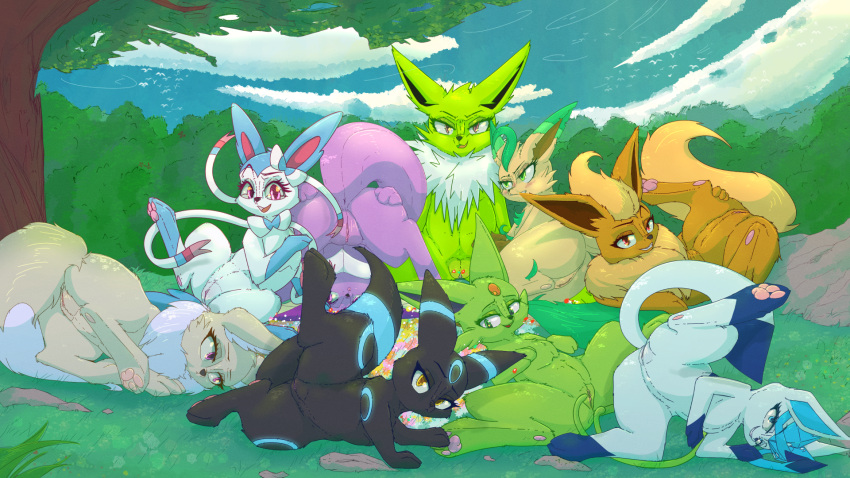 16:9 ass canid canine digital_media_(artwork) eevee eeveelution espeon female feral flareon fur genitals glaceon group hair hi_res jolteon leafeon looking_at_viewer mammal nintendo nude open_mouth pawoo pokemon pokemon_(species) pussy shiny_pokémon smile sylveon umbreon vaporeon video_games widescreen