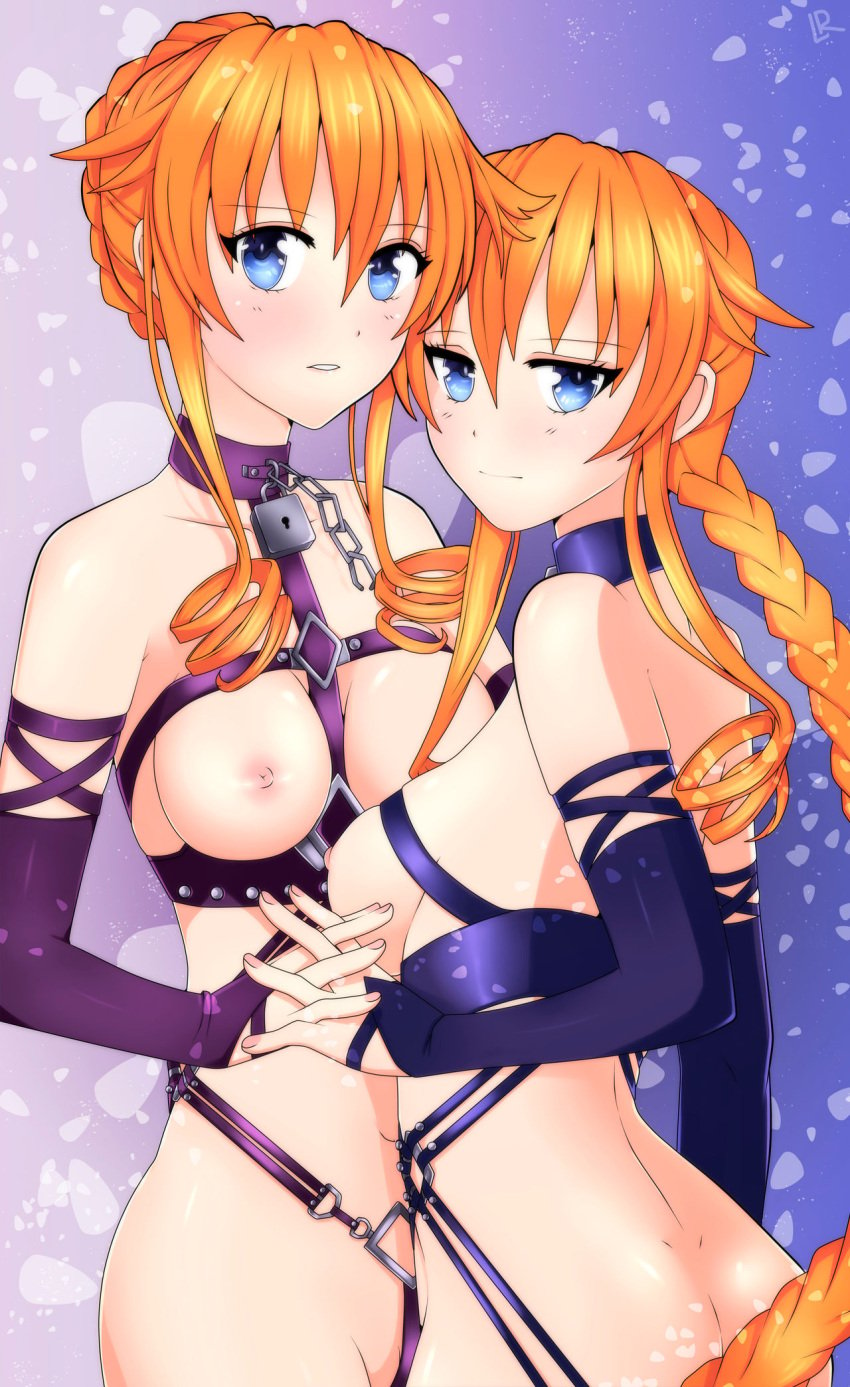 2girls alina_pegova blue_eyes bondage_outfit braid braided_bun breastless_clothing breasts collar date_a_live detached_sleeves duo exposed_breasts female hair_bun hi_res high_resolution large_breasts lindaroze looking_at_viewer medium_breasts multiple_girls nipples nude orange_hair padlocked_collar siblings sisters tied_hair twins uncensored yamai_kaguya yamai_yuzuru yuri