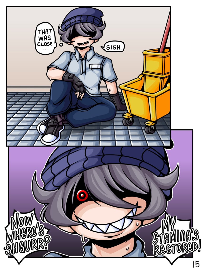 1boy 2021 absurd_res ahoykoi bottomwear closed_mouth clothing comic comic_page dialogue digital_media_(artwork) english_text evil_eyes evil_grin evil_smile fingerless_gloves gloves grey_hair grin headwear hi_res horny horny_(disambiguation) imminent_rape janitor koianimations male male_only open_mouth page_15 page_number pants purple_socks red_eyes sharp_teeth shoes sitting sitting_down smiling socks speech_bubble sweaty text_bubble topwear unknown_character