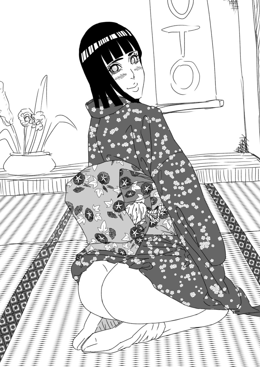 1girls asian_clothing ass bare_ass blush bob_cut boruto:_naruto_next_generations bubble_ass bubble_butt clothed clothing dress dress_lift female female_only footwear fully_clothed hyuuga_hinata indoors kneeling looking_at_viewer looking_back mature mature_female medium_hair milf monochrome naruto naruto_(series) naruto_shippuden no_panties on_knees pose posing socks solo solo_female solo_focus suzuki_shun yukata yukata_lift