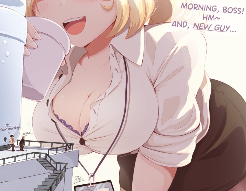 2021 big_breasts blonde_hair breasts cleavage giantess huge_breasts larger_female office_lady original raps smaller_male tagme