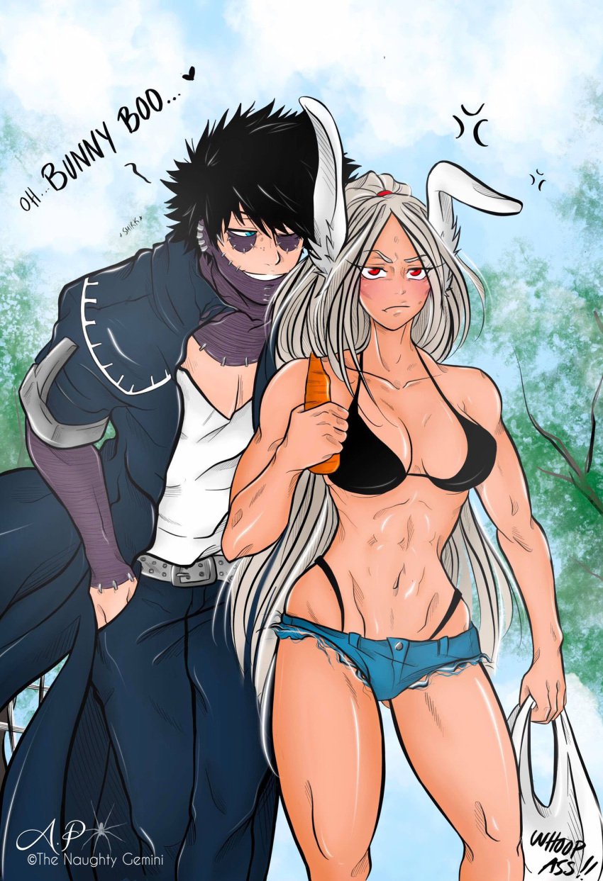 1boy 1boy1girl 1girls angry animal_ears black_bra blue_eyes blushing bunny_ears bunny_girl clothed_male dabi dark-skinned_female dark_skin jean_shorts long_hair male/female miruko muscular muscular_female muscular_thighs my_hero_academia outdoors outside rabbit_ears rabbit_girl rabbit_humanoid red_eyes revealing_clothes rumi_usagiyama scars short_shorts smirk stiches straight tan_skin the_naughty_gemini thick_legs thick_thighs thong todoroki_touya touya_todoroki trenchcoat usagiyama_rumi villain white_hair wink