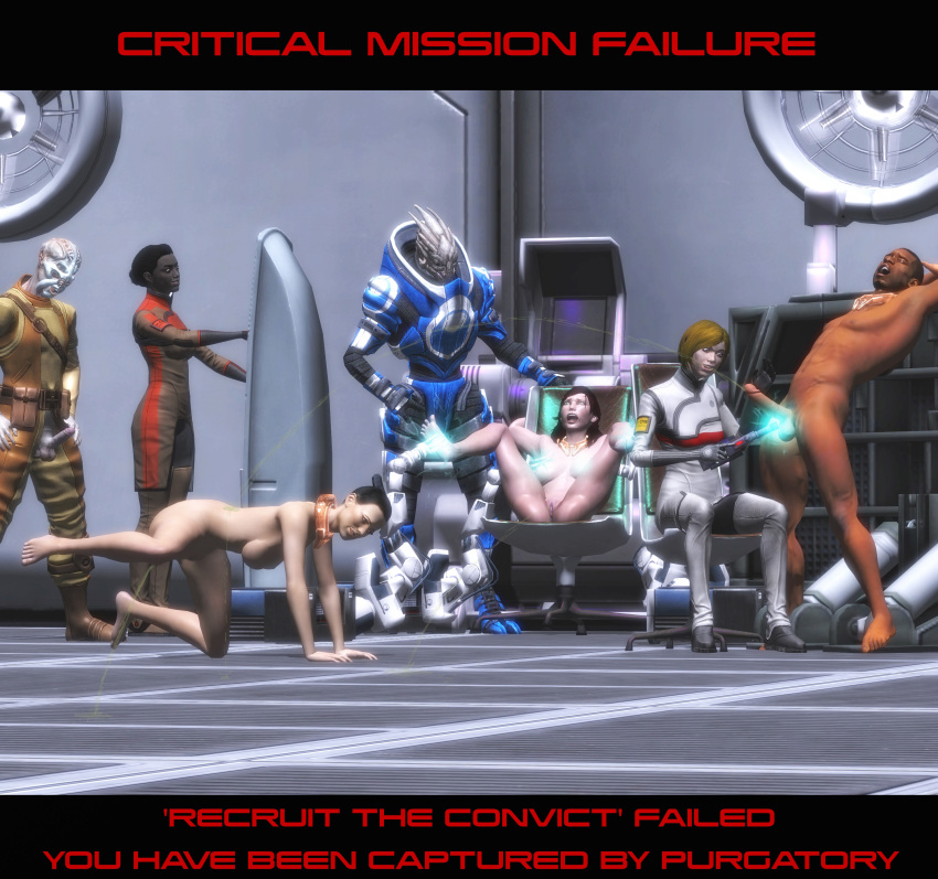 3d ass bad_end batarian big_penis black_hair black_penis blue_eyes bondage breasts cbt chair_bondage cock_and_ball_torture collar commander_shepard degradation female femshep game_over green_eyes human jacob_taylor leg_up legs letterbox mass_effect miranda_lawson naked nude nude_female nude_male peeing penis pussy screaming sex_slave shaved_head shocked shocked_expression shouting slave text torture torture_device turian vg05 warden_kuril white_skin xnalara