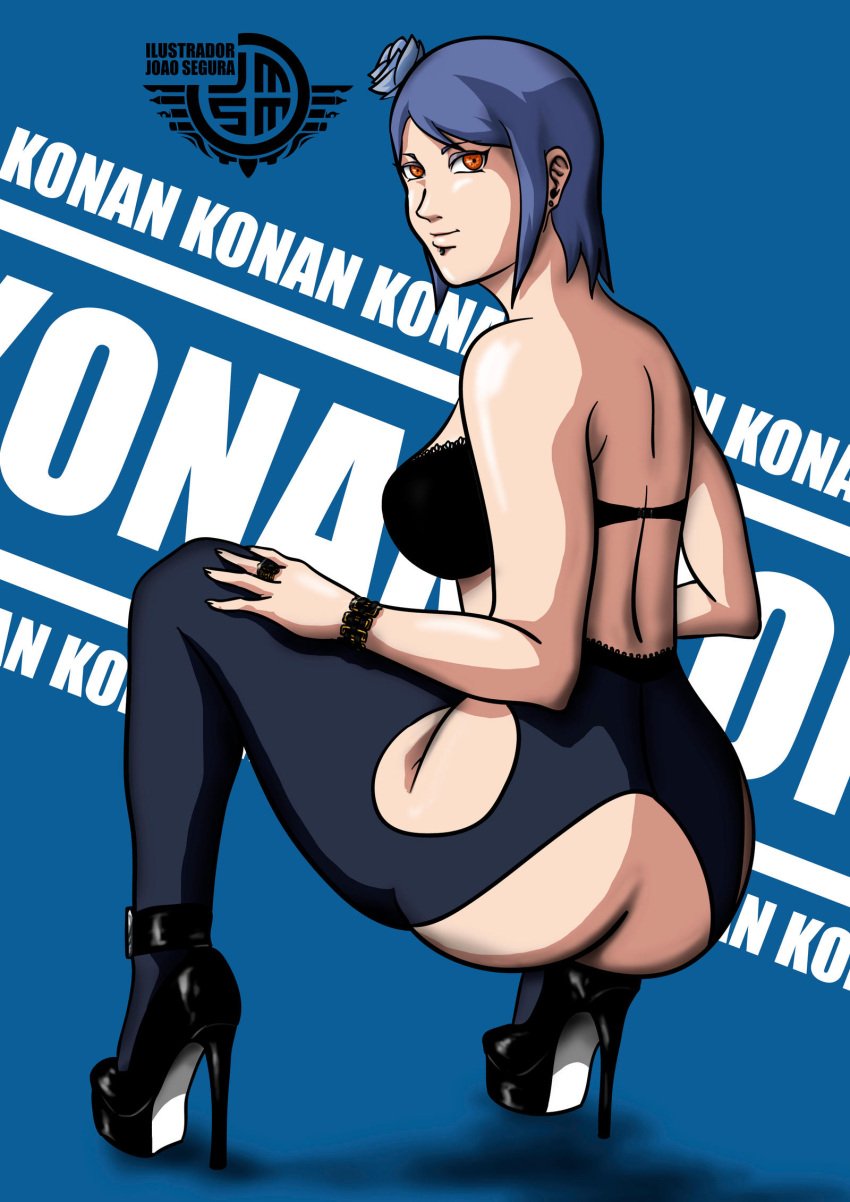 1girls bare_shoulders big_ass big_breasts blue_background blue_hair bra breasts character_name cutout exposed_ass eyeshadow facial_piercing female female_only flower footwear hair_ornament heels high_heels joao_segura konan leggings long_hair looking_at_viewer makeup naruto naruto_(series) naruto_shippuden no_panties orange_eyes partially_clothed piercing sideboob simple_background smile squatting strapless strapless_bra text