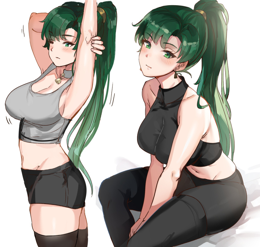 1girls arm_behind_head arm_up armpits asymmetrical_bangs bangs blush breasts cleavage collar earrings female fire_emblem fire_emblem:_the_blazing_blade green_eyes green_hair hairband halterneck high_ponytail highres horns jewelry large_breasts long_hair looking_at_viewer lyn_(fire_emblem) lyndis_(fire_emblem) midriff multiple_views nintendo one_eye_closed ormille panties ponytail shorts simple_background sitting solo_female stretch tank_top thighhighs underwear white_background