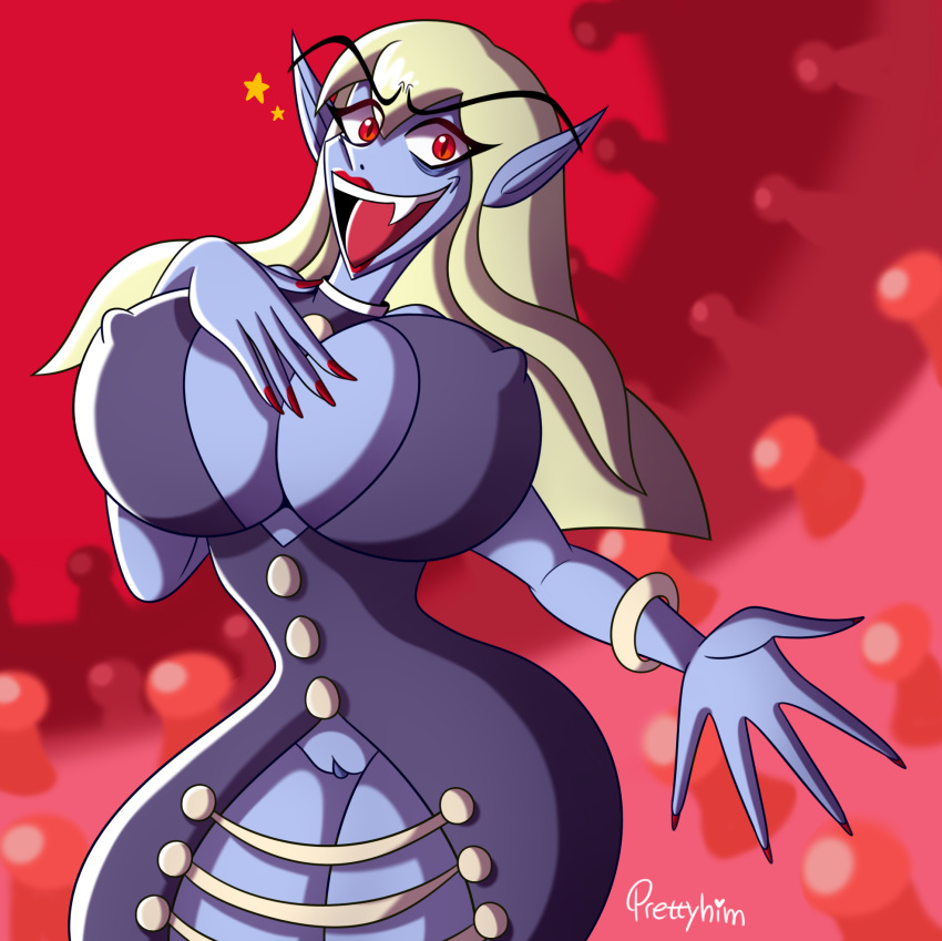 blonde_hair clothing darkstalkers dress erect_nipples erect_nipples_under_clothes exposed_pussy fanart huge_breasts humanoid jedah_dohma large_breasts midnight_bliss monster_girl nail_polish prettyhim pussy red_eyes rule_63