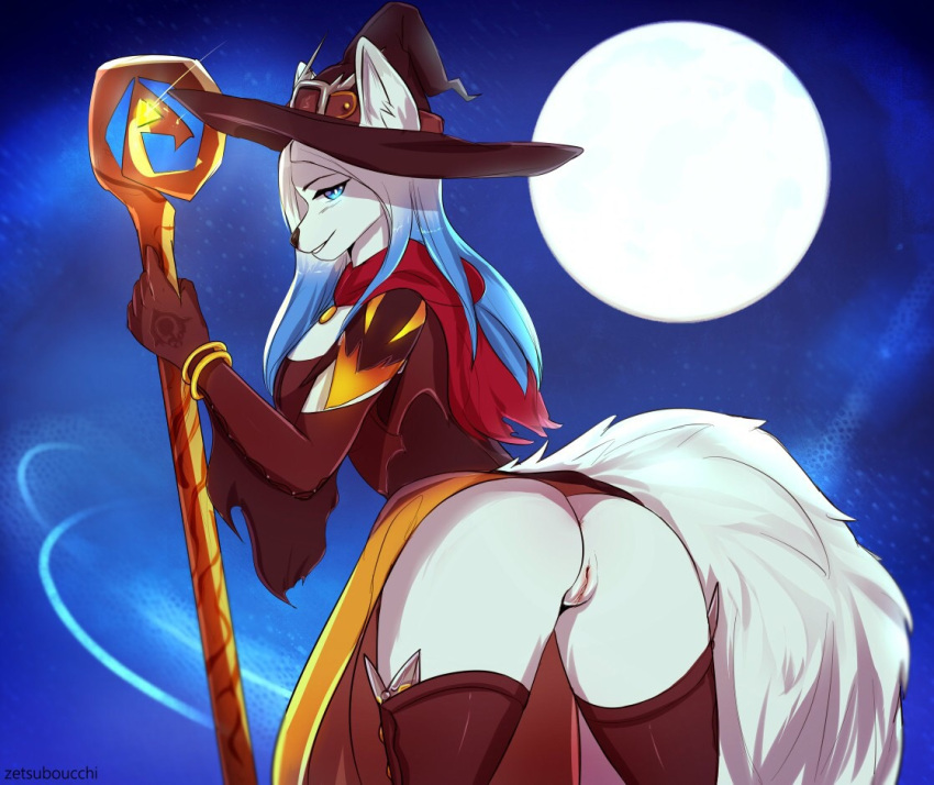 anthro arctic_fox armwear ass blue_eyes bracelet butt_shot canid canine clothing female fluffy fluffy_tail fox fur genitals hat headgear headwear highlights_(coloring) jazzmine_nevermore jewelry legwear looking_at_viewer looking_back mammal moon night pussy smile solo staff thigh_highs upskirt witch_costume witch_hat zetsuboucchi