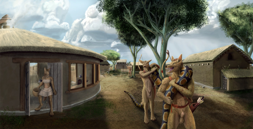 absurd_res animal_genitalia anthro arrow balls belt bow canid canine canis detailed_background female fur genitals hi_res jackal konosay_(spiffydragon) male mammal mezeeta_(spiffydragon) outside plant sheath spiffydragon tacha_(shadows_of_cruelty) town tree tribe village