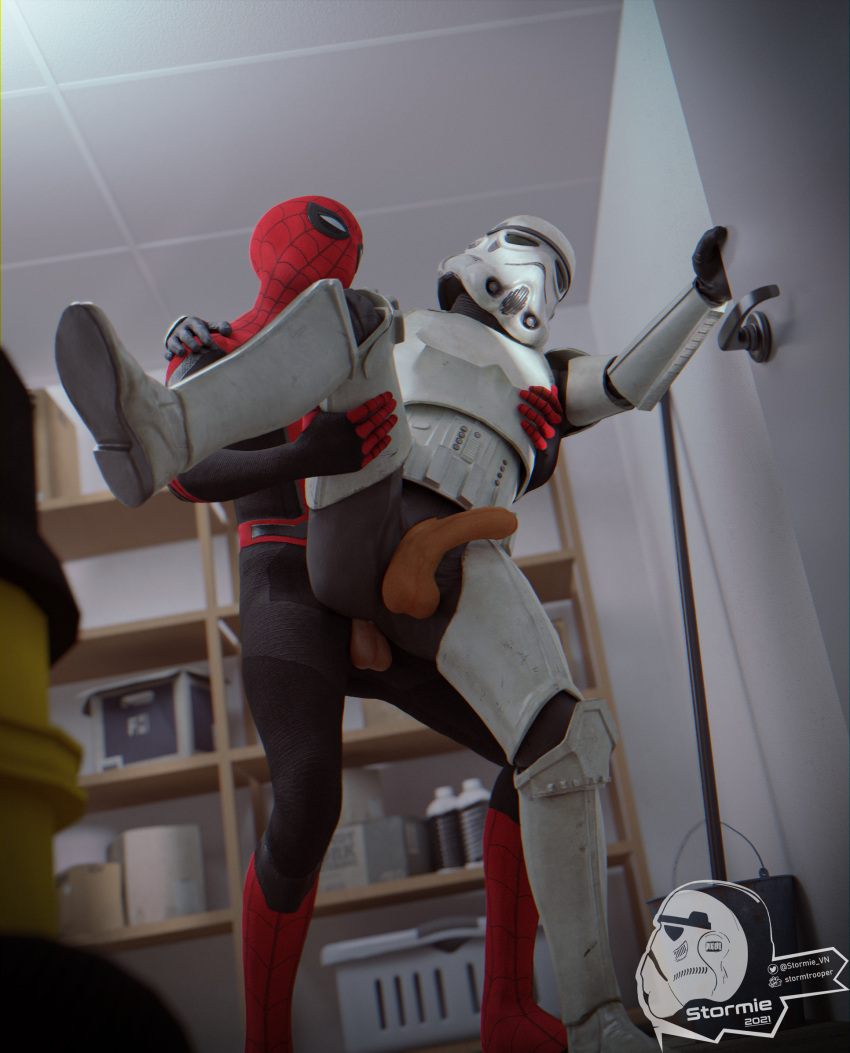 2boys 3d anal anal_sex armor balls bareback costume crossover erection gay helmet leg_spread male male_only male_penetrated male_penetrating marvel mask masked penis smooth_skin spider-man spider-man_(series) star_wars stormievn stormtrooper yaoi