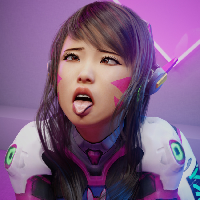 3d ahe_gao blizzard_entertainment bodysuit brown_eyes brown_hair d.va eyeliner eyes_crossed face_markings facepaint headphones jaxxxer open_mouth overwatch pink_background tongue tongue_out