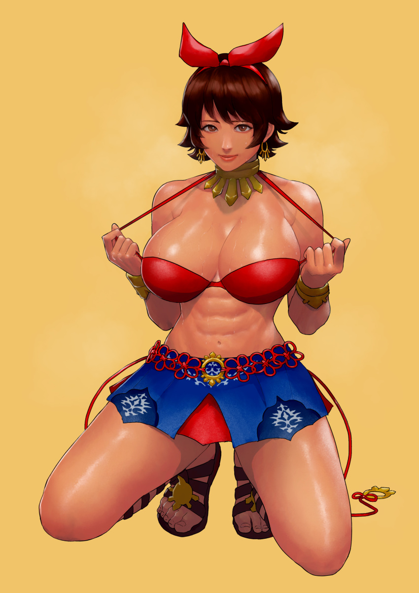 1girls abs absurdres armpits bra breasts brown_eyes brown_hair cirenk dark-skinned_female dark_skin female female_only filipina filipino_female hi_res huge_breasts josie_rizal muscular_female namco navel open_toe_shoes sandals short_hair solo solo_female tekken tekken_7 undressing