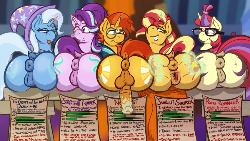 16:9 1boy 4girls 4k absurdres anus ass ass_to_ass big_ass english_text equestria_girls equid equine female feral friendship_is_magic genitals group hasbro highres horn magic male mammal moondancer_(mlp) my_little_pony penis poneboning pussy starlight_glimmer sunburst_(mlp) sunset_shimmer text trixie_(mlp) unicorn widescreen