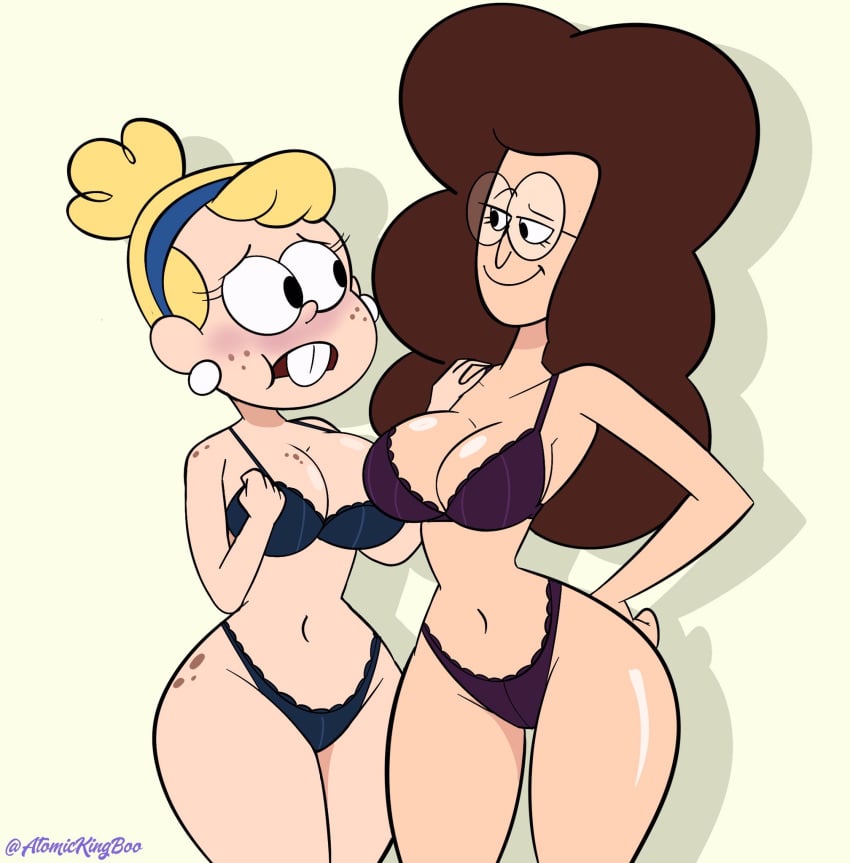 2girls artist_name atomickingboo big_breasts big_hair blush bra breasts brown_hair buckteeth bust busty cartoon_network clarence cleavage digital_media_(artwork) female freckles glasses legs light-skinned_female light_skin mature mature_female meg_julep melanie_baker multiple_girls panties teacher teeth thick thick_legs thick_thighs thighs voluptuous watermark yellow_background