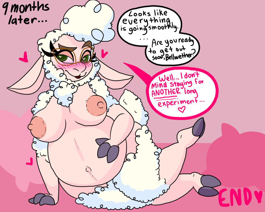 <3_eyes 5:4 absurd_res anthro blush bovid breasts caprine comic dawn_bellwether dialogue disney domestic_sheep english_text eyewear female fur hand_on_stomach heart hi_res large_breasts long_ears lying mammal nipples on_side pillow pregnant pregnant_belly sheep shortstack simple_background solo sweetcreammilk text wool_(fur) zootopia