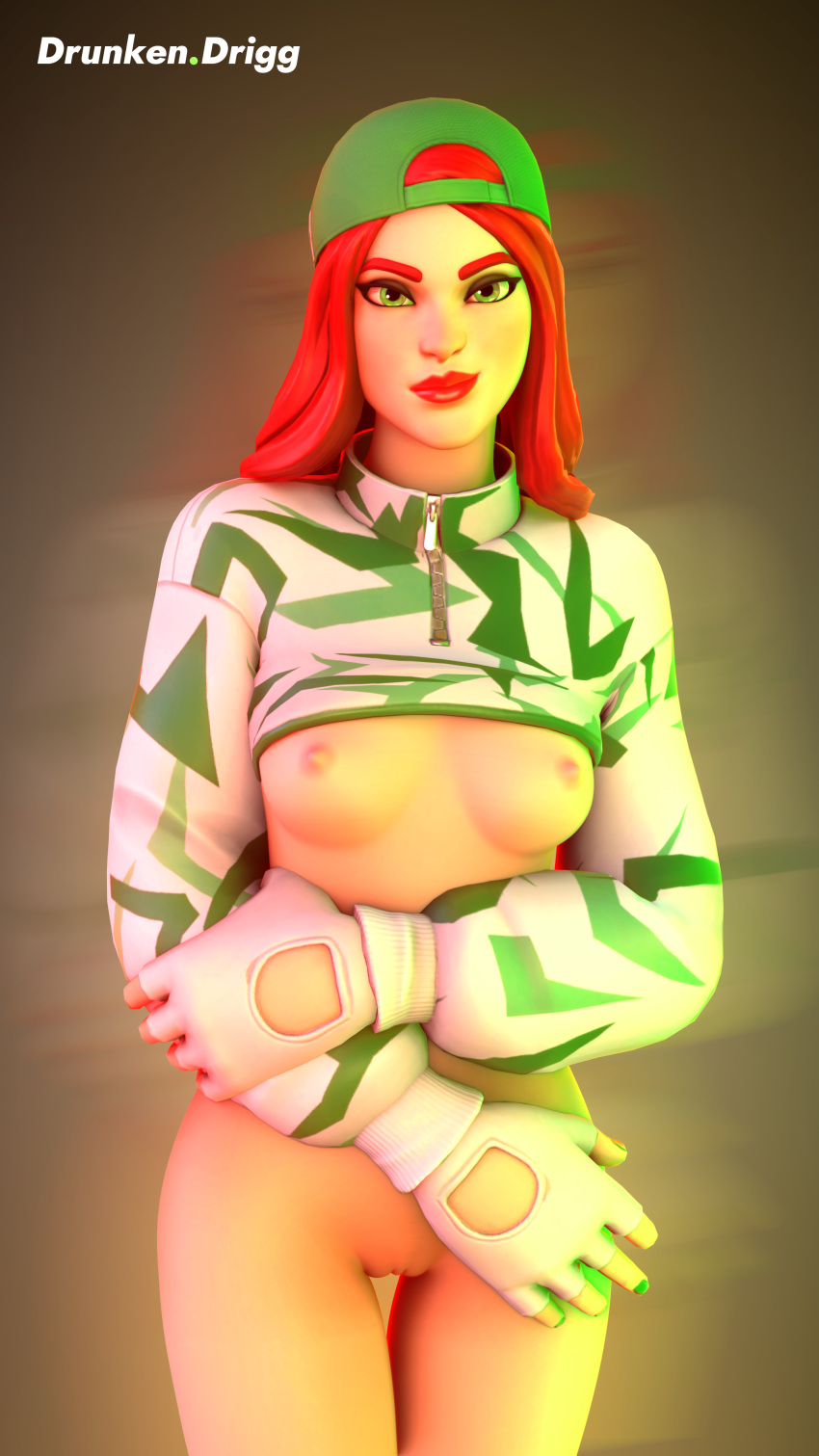 1girls 3d bottomless chance_(fortnite) drunken.drigg female female_focus female_only fortnite green_eyes hat jacket red_hair red_lipstick simple_background small_breasts smirk tagme