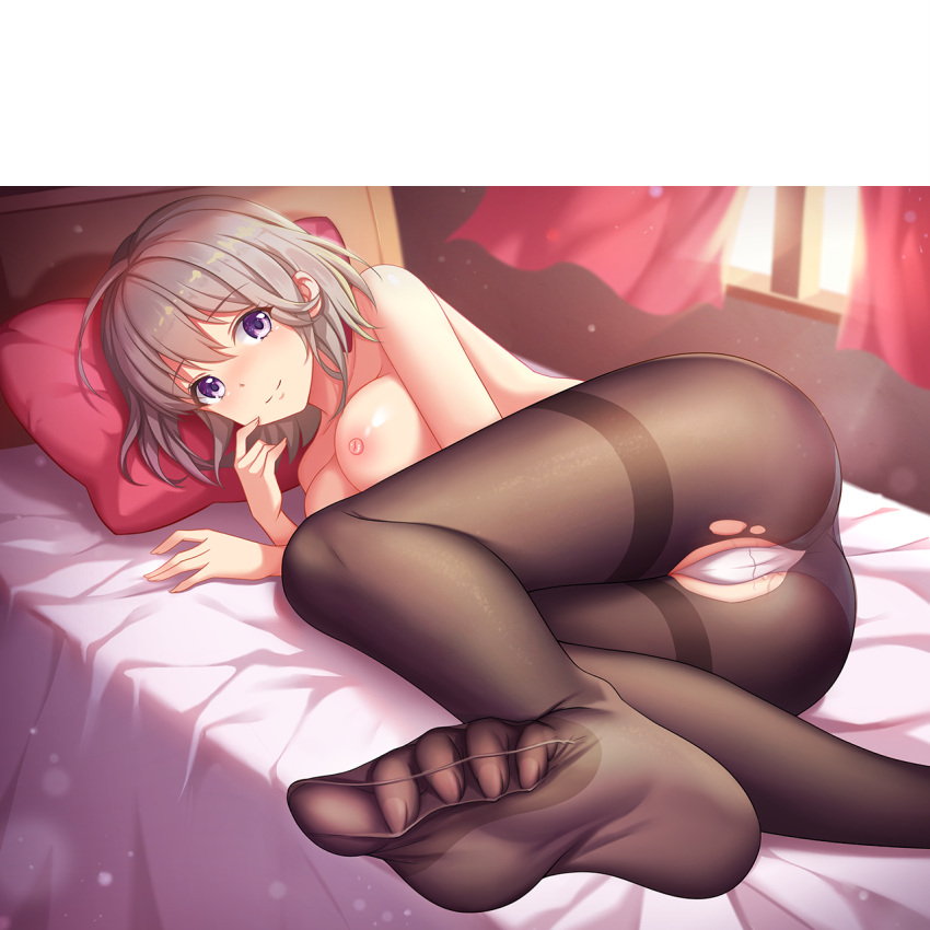 areolae bed big_breasts exposed_breasts feet girlgame hentai_girl_hime looking_at_viewer panties pantyhose purple_eyes short_hair white_hair white_panties