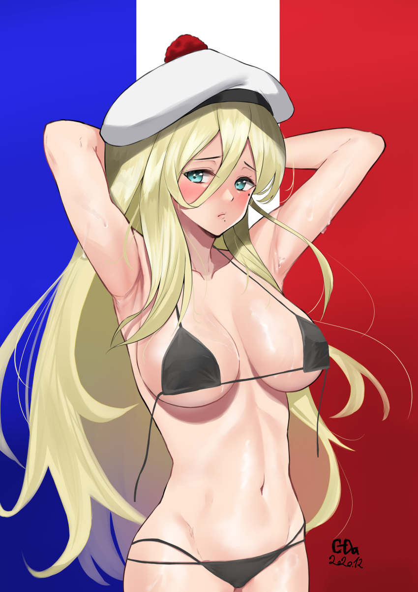 1girls 2020 absurdres arms_behind_head artist_name beret bikini black_bikini blonde_hair blue_eyes breasts c-da cleavage cowboy_shot dated dress female female_only flag_background french_flag hair_between_eyes hat highres human human_only kantai_collection large_breasts light-skinned_female light_skin long_hair looking_at_viewer mole mole_under_eye mole_under_mouth national_personification petite pom_pom_(clothes) richelieu_(kantai_collection) solo solo_female strapless sweat swimsuit untied untied_bikini white_headwear