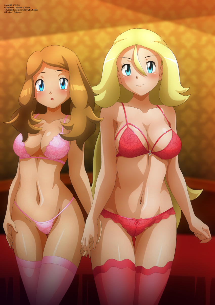 blonde_hair blue_eyes blush bow_on_panty bra cameltoe flat_belly holding_hands honey_blonde_hair korrina_(pokemon) lace-trimmed_bra lace-trimmed_panties lace-trimmed_thighhighs large_breasts lingerie nintendo panties pink_bra pink_lingerie pink_panties pink_stockings pokemon pokemon_xy red_bra red_lingerie red_panties red_stockings serena_(pokemon) smiling stockings strappy_bra zel-sama