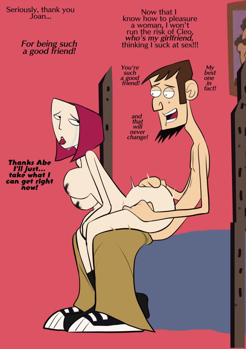 abe_lincoln_(clone_high) ass big_breasts boots breasts brown_hair bubble_butt busty butt choker clone_high female from_behind hourglass_figure joan_of_arc_(clone_high) large_breasts male mr.russo pasties penetration reverse_cowgirl_position sex short_hair sitting sitting_on_lap sitting_on_penis sitting_on_person speech_bubble tears text topless wide_hips